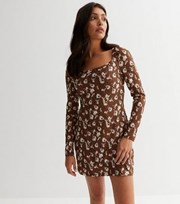 Influence Brown Floral Spot Long Sleeve Bodycon Mini Dress